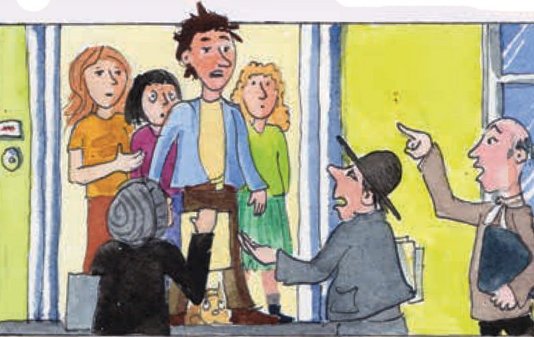 3 Schuldeneintreiber vor Haustür mit Vater und 3 Töchtern