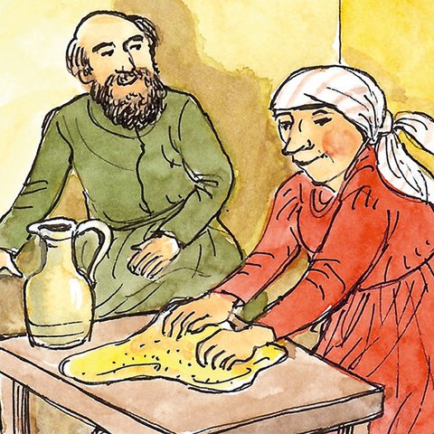Elias mit Frau, die Teig knetet.
