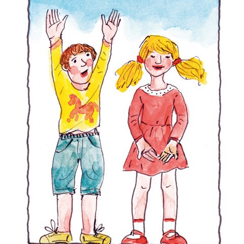 Mit Herz, Mund und Händen Zwei Kinder machen Gesten zum Vater Unser.