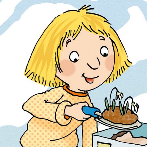 Lina mit Schuhkarton und Schneeglöckchen