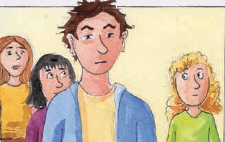 Vater mit Töchtern blickt traurig.