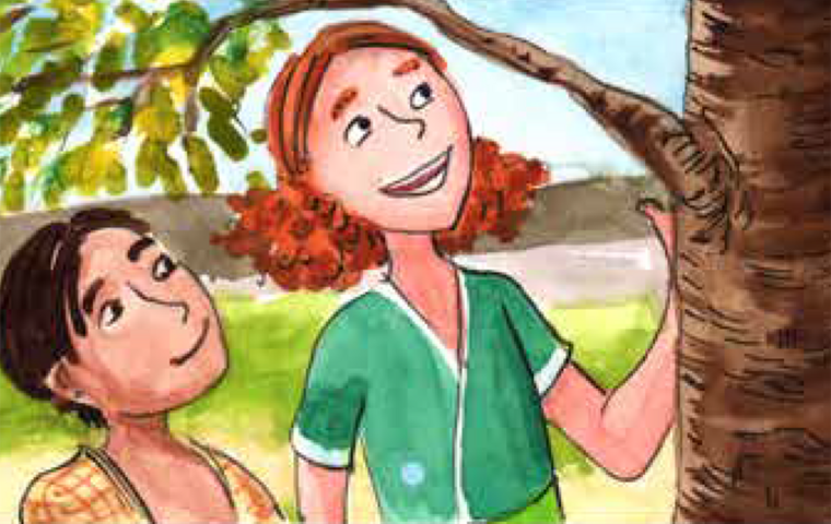 Junge und Mädchen unter Baum.