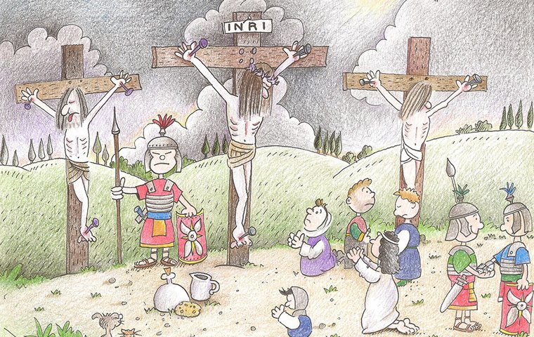 Bunte Zeichnung von Jesus am Kreuz und umgeben von Anhänger*innen und römischen Soldaten
