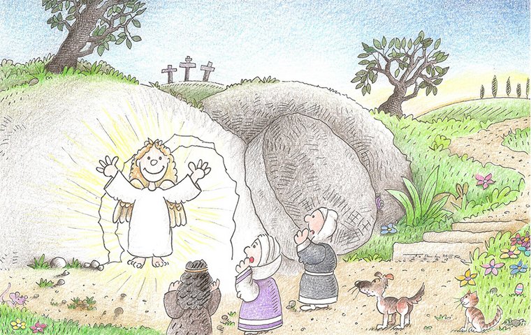 Ein Engel steht in der Zeichnung vor dem offenen Grag und verkündigt einigen Frauen die Auferstehung Jesu. Im Hintergrund sieht man noch die 3 Kreuze von Golgatha