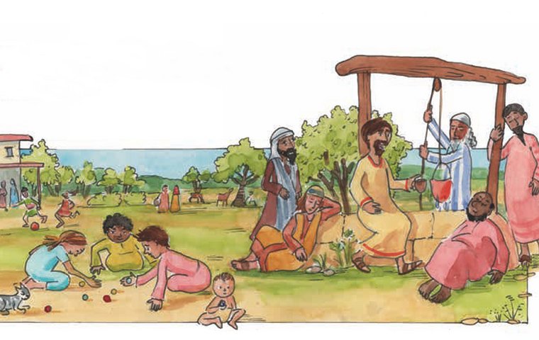 Jesus und Jünger am Brunnen und spielende Kinder