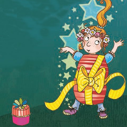 Mit gelber Geschenkschleife geschmücktes Kind mit türkisen Sternen und pink-rotem Geschenk.