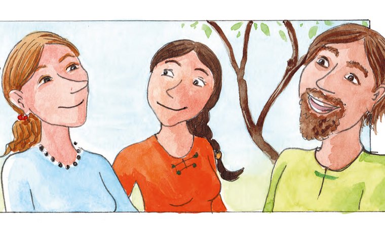 Lächelnde Martha und Maria hören Jesus zu.