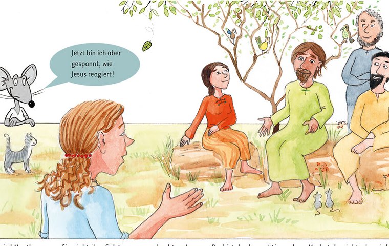 Marta spricht zu Jesus, der mit Maria und zwei Männern unter Sträuchern sitzt.