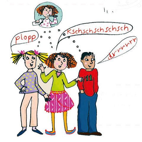 3 Kinder machen Geräusche zu Bild "Zähneputzen"