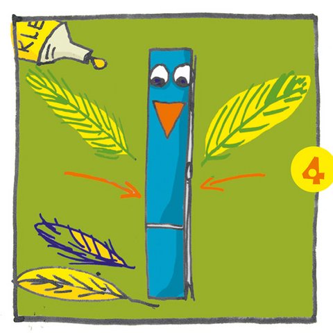 Wäscheklammer mit bunten Federn bekleben.