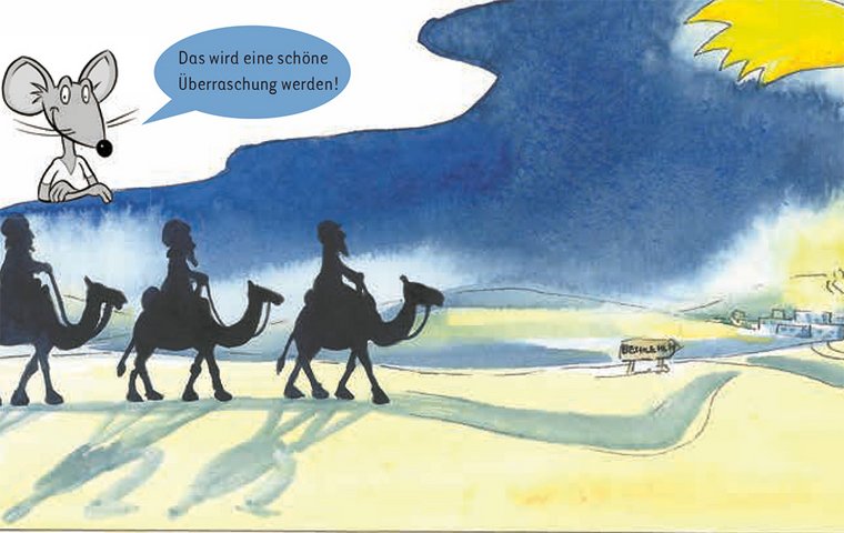 Drei Könige reiten in der Nacht durch Wüste.