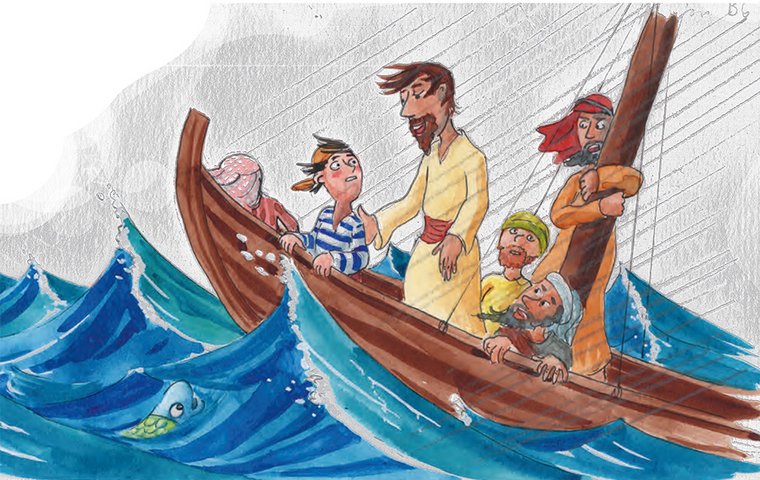 Jesus steht auf Boot im Sturm.