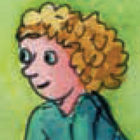 Kopf eines blondgelockten Mädchens in türkisem Oberteil.