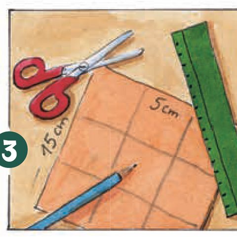 Karton mit 9 Feldern und rote Schere, blauer Stift und grünes Lineal