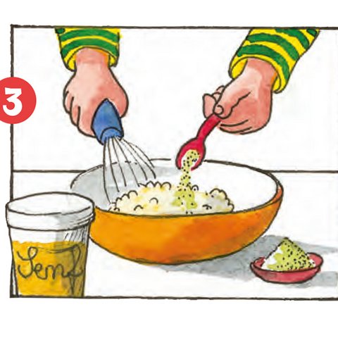 Kräutersalz und Senf mit Löffel in Schüssel geben und mit Schneebesen unterrühren.