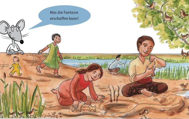 Kinder und Jesus am See foornen Figuren aus Lehm.