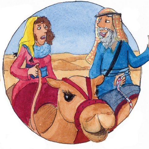Abraham und Sara reiten nebeneinander auf Kamelen