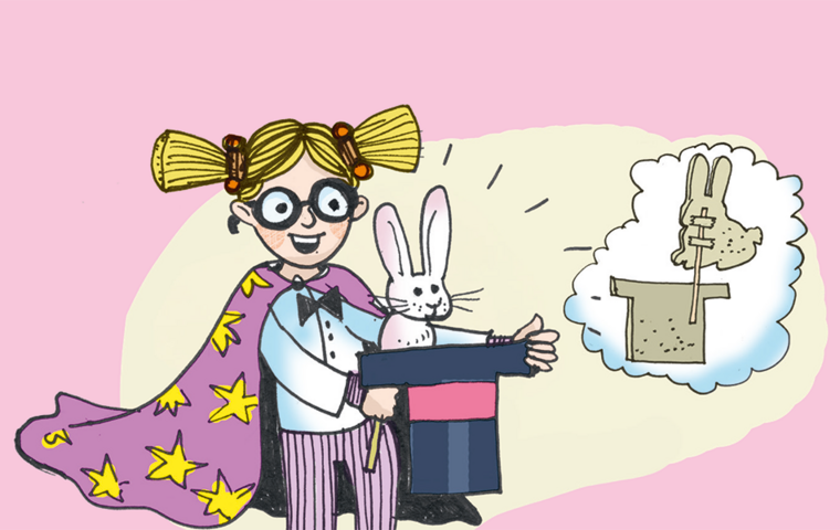 Als Zauberer verkleidetes Kind "zaubert" (Papp-)Hasen aus schwarzem Hut.