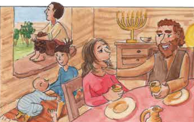 Jesus sitzt auf Fensterbank und blickt in Ferne. Im Vordergrund Familie beim Sabbatmahl