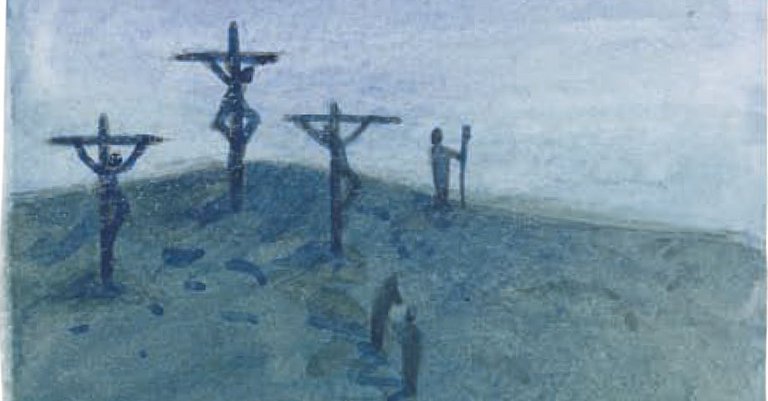 Golgatha mit drei Kreuzen und Wachen
