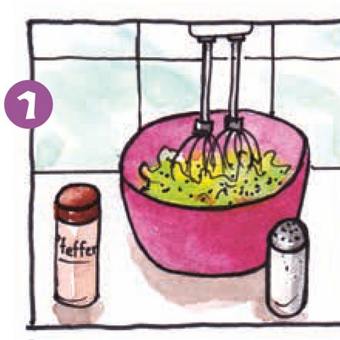 Mixer mixt in rosa Schüssel Kräuterbutter.