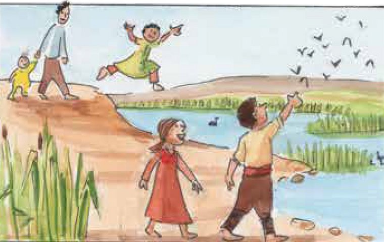 Jesus mit Freunden am See zeigt auf fliegende Vögel.