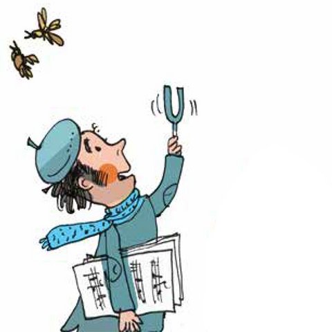 Klavierlehrer mit Noten unter Arm, Stimmgabel und 2 Spatzen.