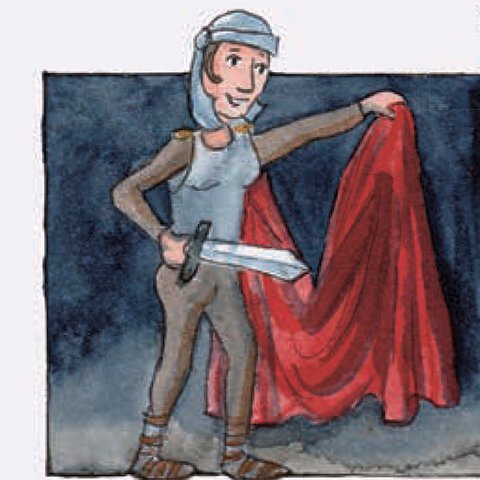 Martin teil sein rotes Cape mit Schwert in zwei Teile.