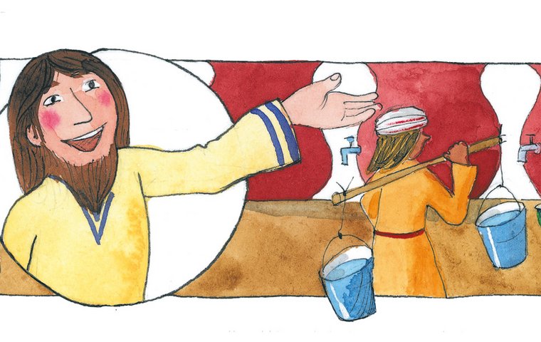 Gott sorgt für Euch Jesus lässt Wasser in Weinfässer füllen.