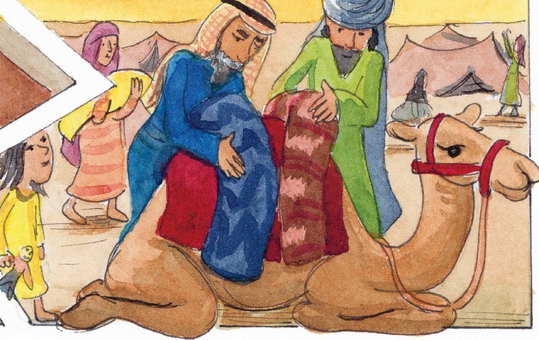 Abraham und Mann beladen sitzendes Kamel.