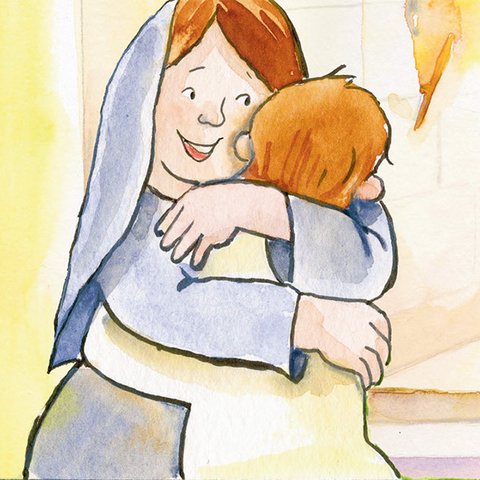 Jesus zeigt, was er kann Maria umarmt Jesus.