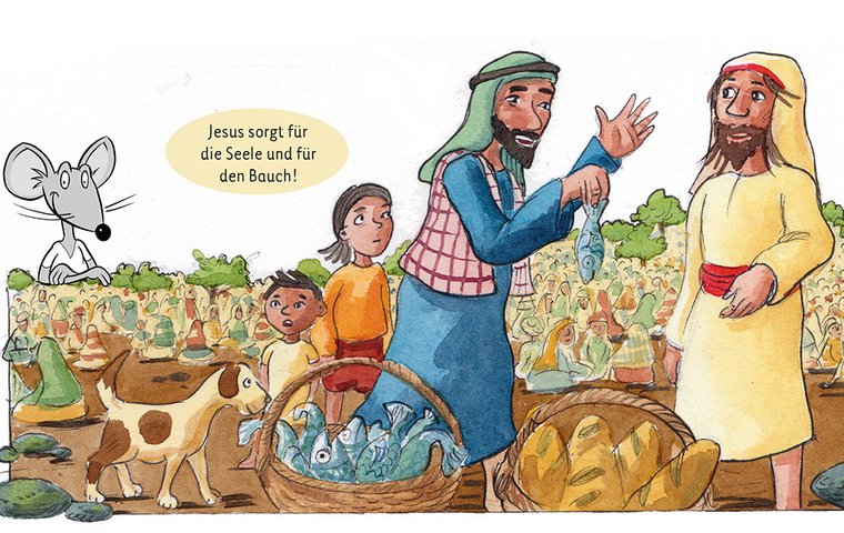 Jesus und Jünger mit Fisch- und Brotkorb