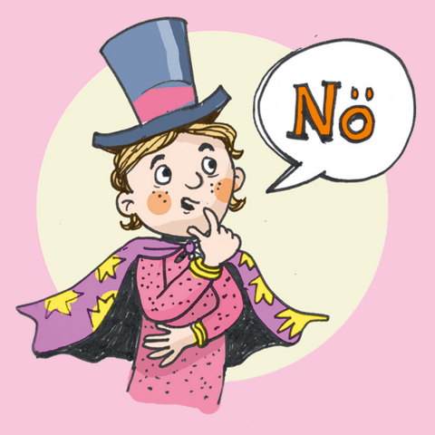Kind mit rosa Zaubermantel und Zylinder und Sprechblase "Nö".