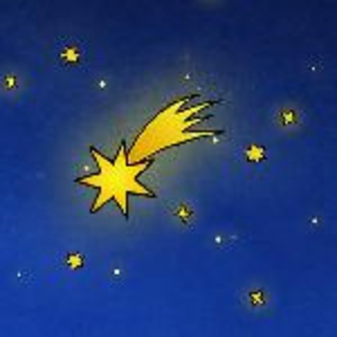 Großer gelber Stern mit Schweif vor blauem Himmel mit kleinen gelben Sternen