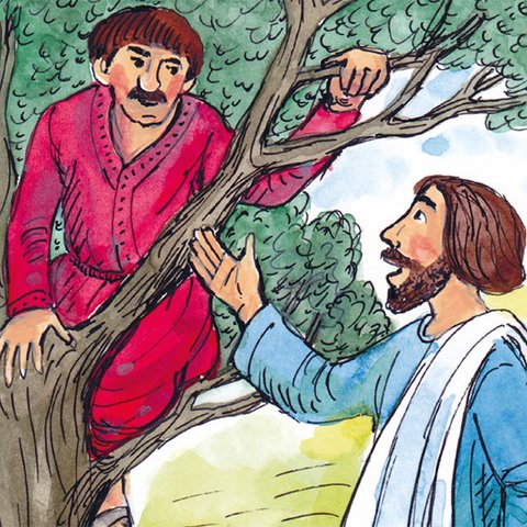 Biblische Freunde Jesus spricht mit Zachäus im Baum