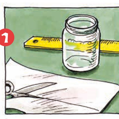 Papierbogen, Schere, Glas und gelbes Lineal