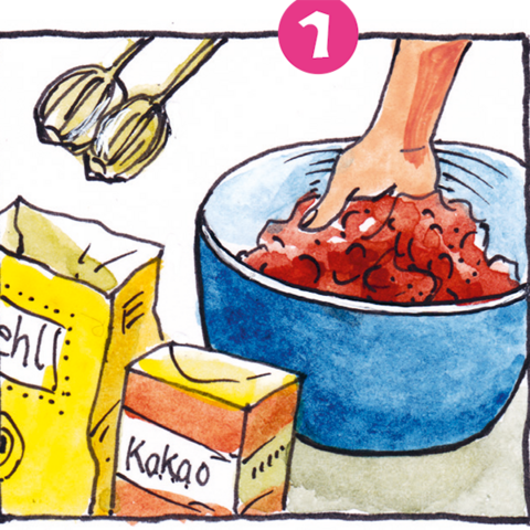 Blaue Schüssel mit braunem Teig und Teigrührer, Mehltüte und Kakaopackung.