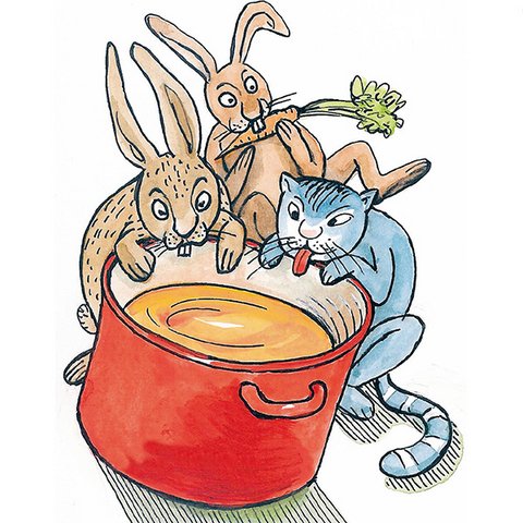 Karottensuppe 2 Hasen und 1 Katze mit Kochtopf voller Karottensuppe