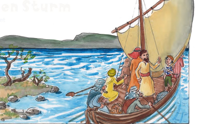 Segelboot mit Jesus und Fischern auf dem See Genezareth.