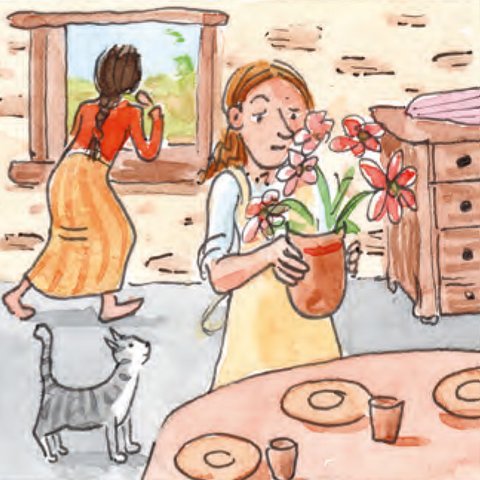 Marta stellt Blumen auf gedeckten Tisch, Maria blickt aus Fenster.