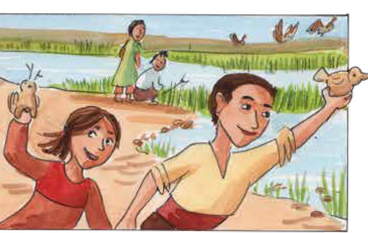 Kinder rennen mit Lehmvögeln in Händen.