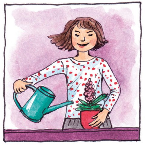 Mädchen gießt Blume.