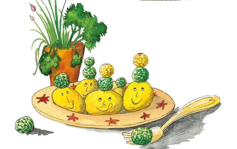 Teller mit Spießen aus Kartoffeln mit bunten Käsekugeln und Kräutertopf