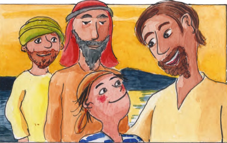 Jesus mit lächelndem Schiffsjungen und zwei Fischern