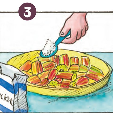 Rhabarberstücke auf gelbem Teller mit Zucker bestreuen.