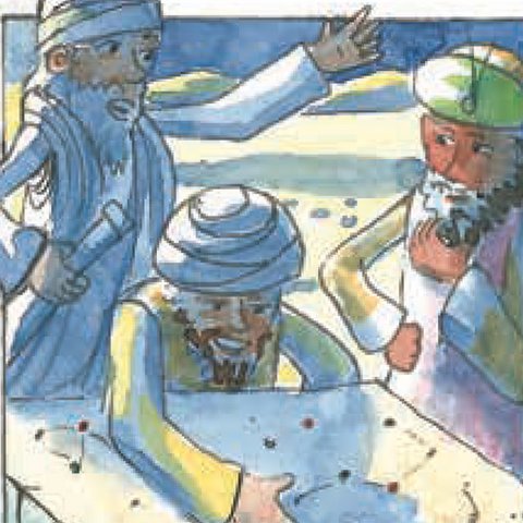 Drei Sterndeuter über Sternenkarte gebeugt.