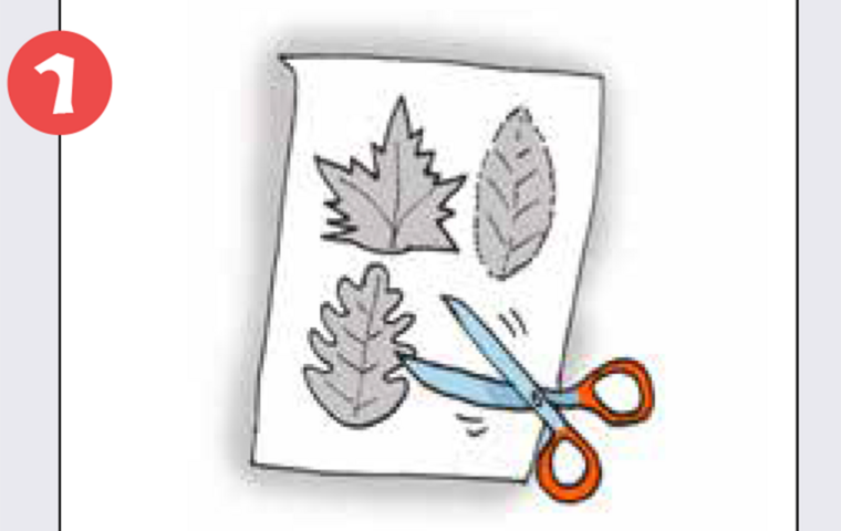 Tonpapier mit aufgezeichneten Blättern und Schere