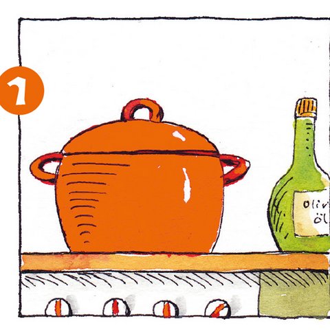 Oranger Kochtopf und grüne Ölflasche