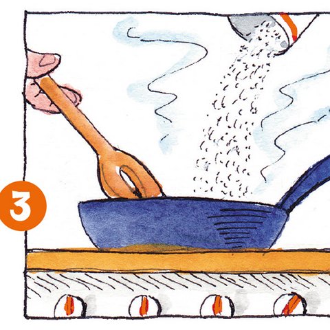Zucker in blaue Pfanne schütten