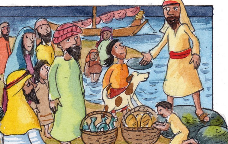 Jesus spricht zu den Menschen am Seeufer.